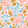 Vector mosaic rose flowers on white background seamless repeat pattern.