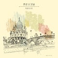 Vector Moscow postcard. Christ the Savior Cathedral and the Patriarchal bridge in Moscow, Russia. Artistic travel sketch. Vintage