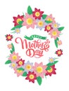 Vector Mother`s day springtime greeting card, festive calligraphy lettering, spring red and pink blossom flowers frame