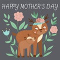 Vector Mothers Day card with cute boho animal. Pre-made design with woodland baby fawn with mother. Bohemian style poster with Royalty Free Stock Photo