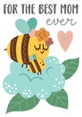 Vector Mothers Day card with cute boho insect. Pre-made design with bumblebee and mother. Bohemian style poster with bee family