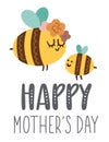 Vector Mothers Day card with cute boho insect. Pre-made design with bumblebee and mother. Bohemian style poster with bee family