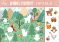 Vector Mothers day cut and glue activity. Holiday educational crafting game with wild baby animals and their mommies in the forest Royalty Free Stock Photo