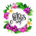 Vector mothers day greetings card with hand lettering - happy mother`s day - surrounded with tropical flowers - Royalty Free Stock Photo