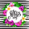 Vector mothers day greetings card with hand lettering - happy mothers day - surrounded with tropical flowers - Royalty Free Stock Photo