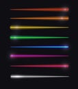 Vector Motion Lights, Abstract Glowing Lines, Rainbow Colors, Isolated on Black Background Set Royalty Free Stock Photo