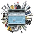 Vector Motor Engine with Car Spares Royalty Free Stock Photo