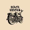 Vector motorcycle sketch with gothic handwritten lettering Black Riders. Vintage poster with custom chopper.