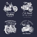 Vector motorcycles advertising posters set. Hand sketched illustrations for MC labels etc. Detailed bikes logos. Royalty Free Stock Photo