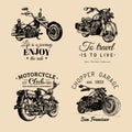 Vector motorcycles advertising posters set. Hand sketched illustrations for MC labels etc. Detailed bikes logos. Royalty Free Stock Photo