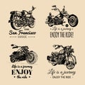 Vector motorcycles advertising posters set. Hand sketched illustrations for MC labels etc. Detailed bikes logos. Royalty Free Stock Photo