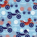 Vector Motorcycles Blue Red Seamless Pattern. Fast