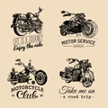 Vector motorcycles inspirational,advertising posters set.Hand sketched illustrations for MC labels.Detailed bikes logos. Royalty Free Stock Photo