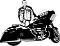 Vector - Motorcyclist Front View - Black and White Outline Illustration with Rider on Harley Motorcycle, Vector