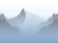 Vector mountain landscape illustration with high mountains peak in morning haze, fog, mist. Forest valley foreground. Royalty Free Stock Photo