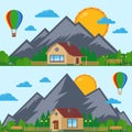 Vector mountain landscape with wooden house