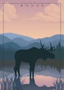 Vector mountain in woodland with lake and moose Royalty Free Stock Photo