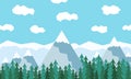 Vector mountains, forest landscape and sky with clouds. Beautiful geometric flat illustration