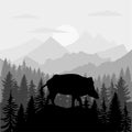 vector mountains forest woodland background silhouettes texture with wild hog boar mascot EPS Royalty Free Stock Photo