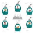 Vector mountains and funicular cable cars with funny animals inside