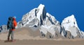 Vector of mounts Cholatse and Tabuche peak as seen from the way to Mount Everest base camp and hiker with big backpack
