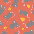 Vector mouse and cheese Red background. Festive Year of rat seamless pattern Royalty Free Stock Photo