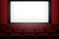 Vector movie theatre background with white screen red curtains and chairs. Royalty Free Stock Photo