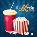 Movie time background with popcorn box and cola Royalty Free Stock Photo