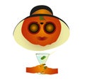 Vector Mrs Pumpkin character with sunglasses and drink - Halloween party.