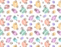 Vector multicolor pattern with outline coffee beans. Color background