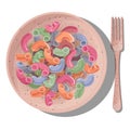 Vector multicolored elbow pasta in coral plate with fork isolated on white background. Top view of the dish.