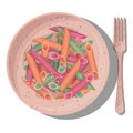 Vector multicolored pasta penne rigate in coral plate with fork isolated on white background. Royalty Free Stock Photo