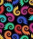 Vector multicolored rainbow snail patterns on black background. High contrasting background seamless tile.