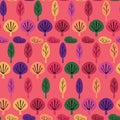 Vector multicoloured trees with pink background repeating pattern background.