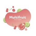 Vector multifruit modern fluid banner. Colorful gradient cherry, kiwi, pomegranate on red liquid frame isolated on white. Design