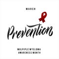 Vector Multiple Myeloma Awareness Calligraphy Poster Design. Stroke Burgundy Red Ribbon. March is Cancer Awareness Month