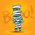 Vector : Mummy walk on yellow background with boo word, Halloween Cartoon. Royalty Free Stock Photo