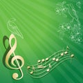 vector music background. Green illustration with birds on branches. Golden musical notes Royalty Free Stock Photo