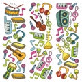 Vector music background with musical instruments. Rock, piano, guitar, jazz. Melody and microphone. Concert.