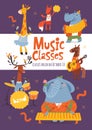Vector music classes advertisement flyer or poster design with cute animals playing music instrument Royalty Free Stock Photo