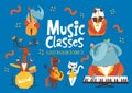 Vector music classes advertisement flyer or poster design with cute animals playing music Royalty Free Stock Photo