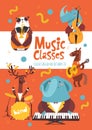 Vector music classes advertisement flyer or poster design with cute animals playing music Royalty Free Stock Photo