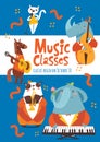 Vector music classes or lessons poster design with cute animals playing music Royalty Free Stock Photo