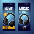 Vector music festival blue ticket design template with headphones and grunge effects