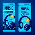 Vector music festival blue ticket design template with headphones and grunge effects