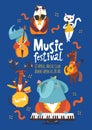 Vector music festival poster design with cartoon animals playing music instruments and singing Royalty Free Stock Photo