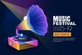 Vector music jazz festival, glowing neon poster or banner background. Colorful 3d style musical vinyl gramophone. Royalty Free Stock Photo