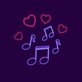 Vector Music Notes ans Hearts Neon Sign Glowing on the Dark Background, Colorful Illustration, Night Signage Royalty Free Stock Photo