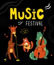 Vector music poster with animals musicians. Giraffe, cat and crocodile playing musical instruments.