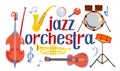 Vector musical instruments or jazz orchestra. Double bass, saxophone, drums, acoustic guitar, jazz trumpet and maracas Royalty Free Stock Photo